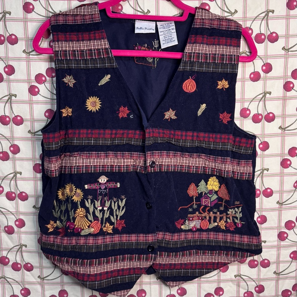 Vintage Bobbie Brooks Dark Navy Fall Farm Embroidered Corduroy Vest